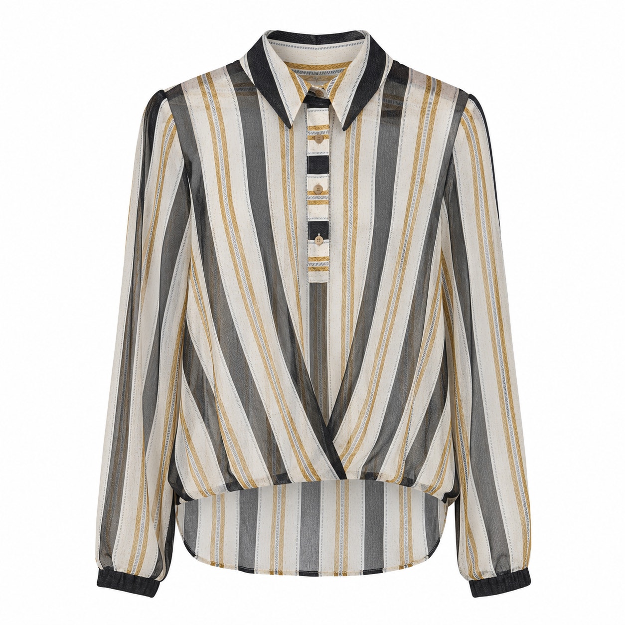 Cabi Sheer Striped Surplice Faux Wrap Blouse Long Sleeve Ivory Gray Mustard M